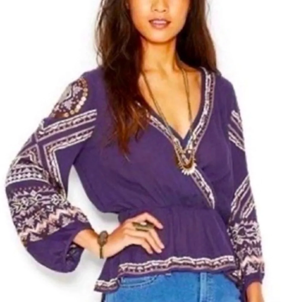 Free People Stitch Up Your Heart Purple Beaded Embroidered Blouse | Size Medium